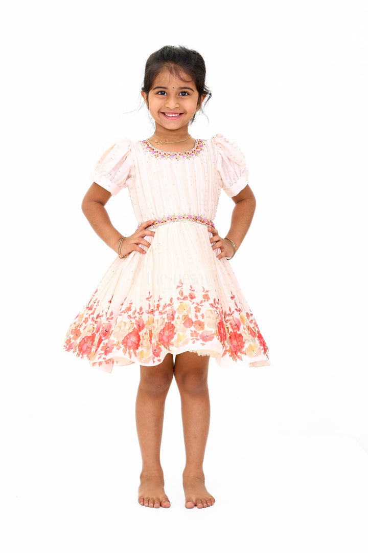 Girls Beige Fancy Frock with Floral Hemline and Embroidered Bodice for Birthday Celebrations