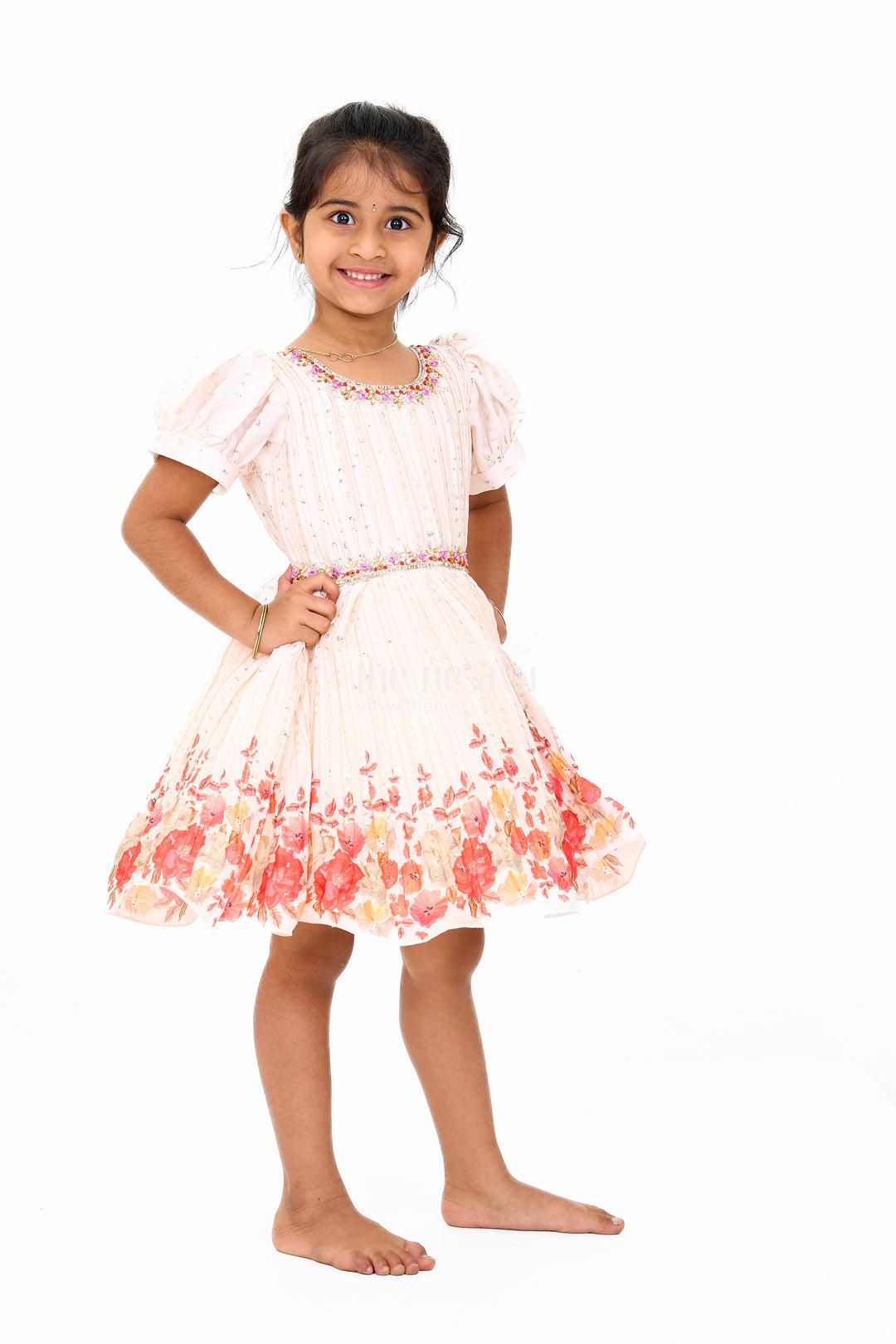 Girls Beige Fancy Frock with Floral Hemline and Embroidered Bodice for Birthday Celebrations