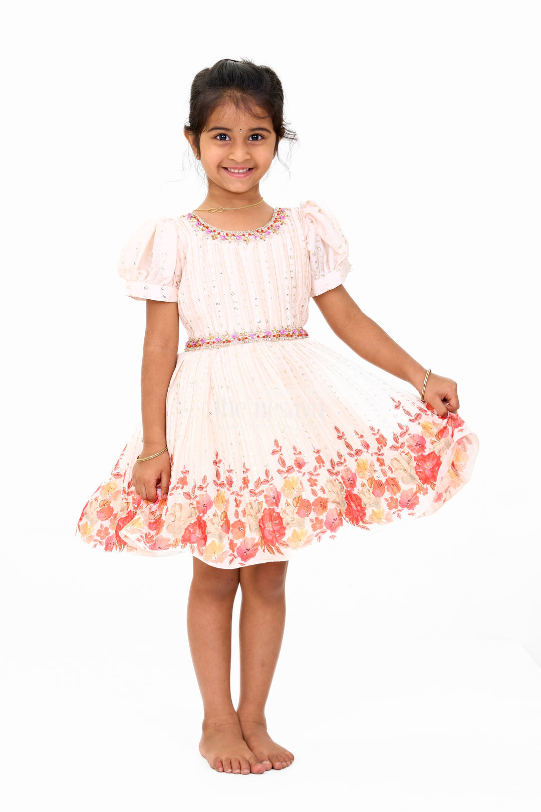 Girls Beige Fancy Frock with Floral Hemline and Embroidered Bodice for Birthday Celebrations