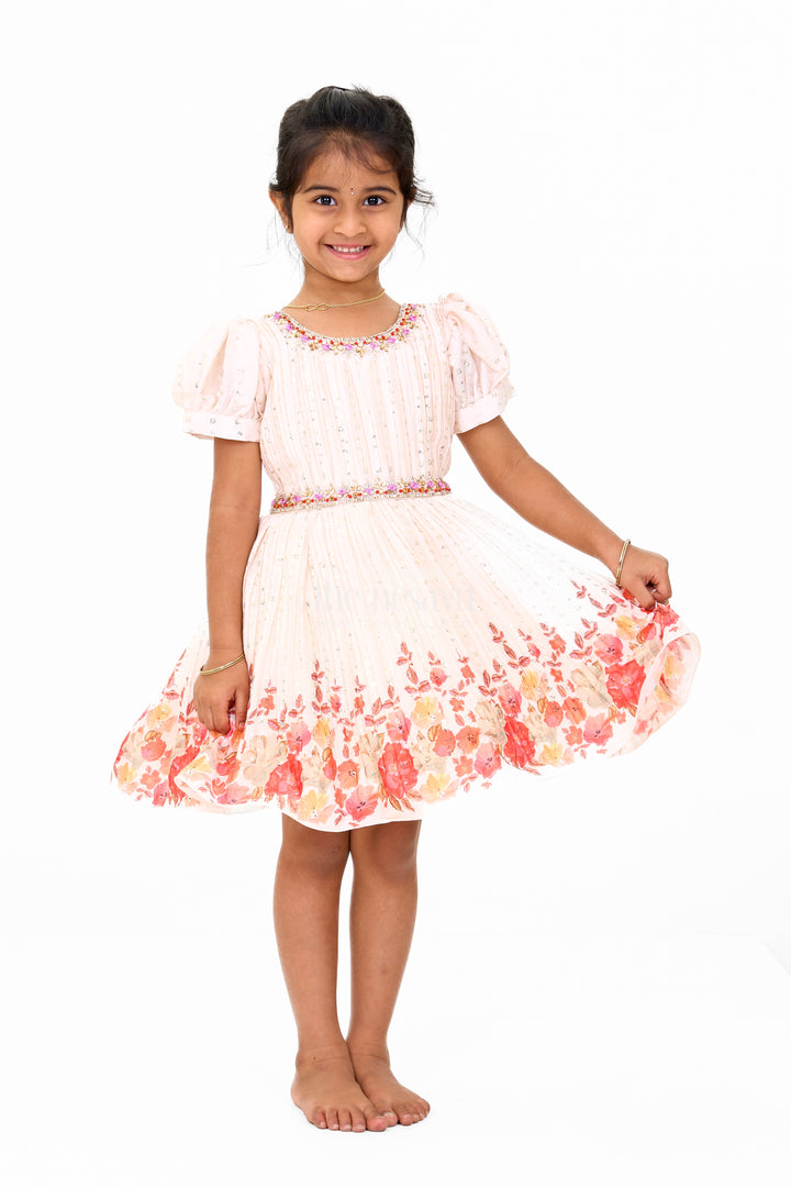 Girls Beige Fancy Frock with Floral Hemline and Embroidered Bodice for Birthday Celebrations