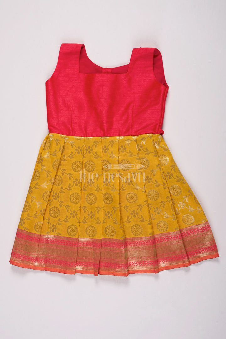 Stunning Red and Yellow Frock Fancy for Girls with Jacquard Silk Patterns