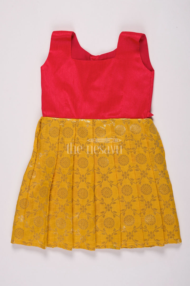 Stunning Red and Yellow Frock Fancy for Girls with Jacquard Silk Patterns