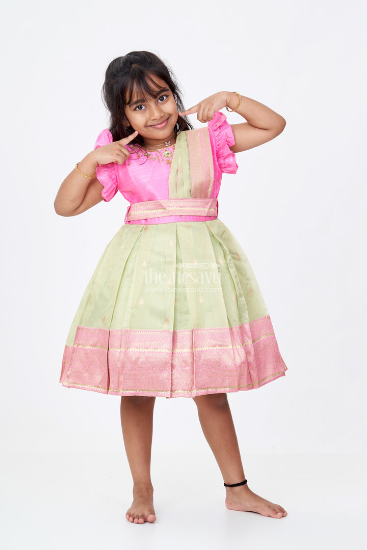 Girls Pink Silk Frock with Zari Border and Delicate Embroidery