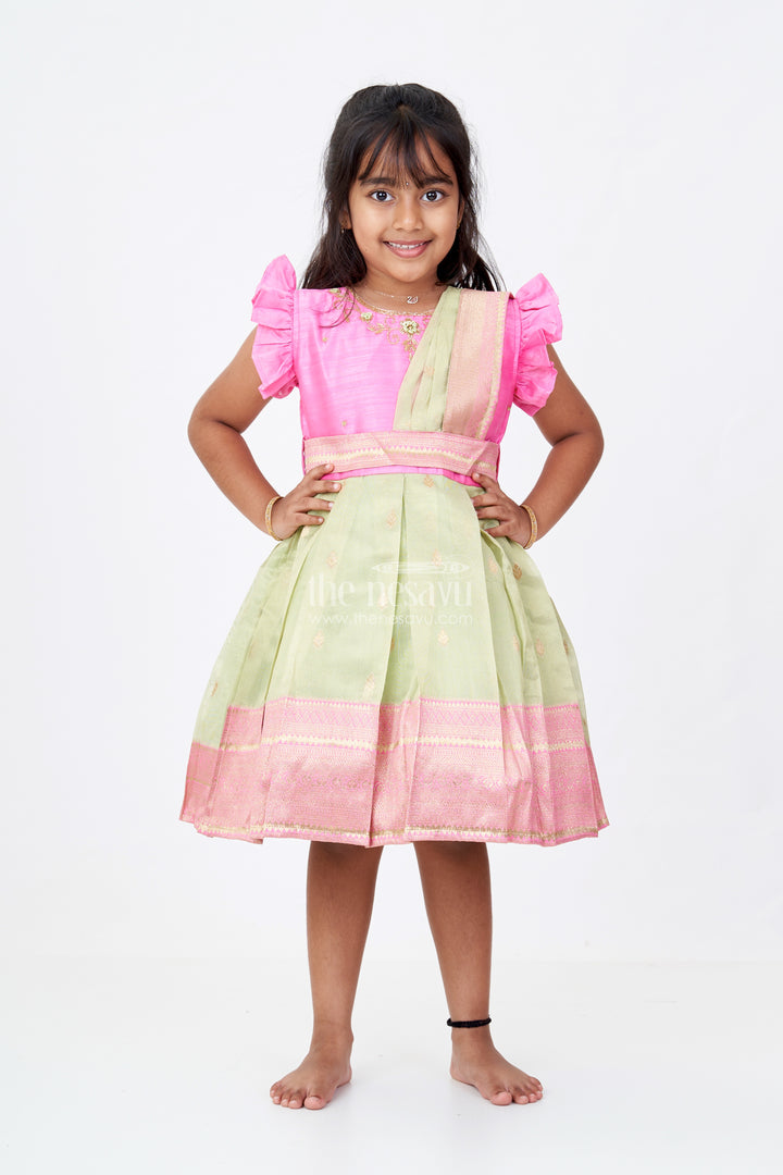 Girls Pink Silk Frock with Zari Border and Delicate Embroidery