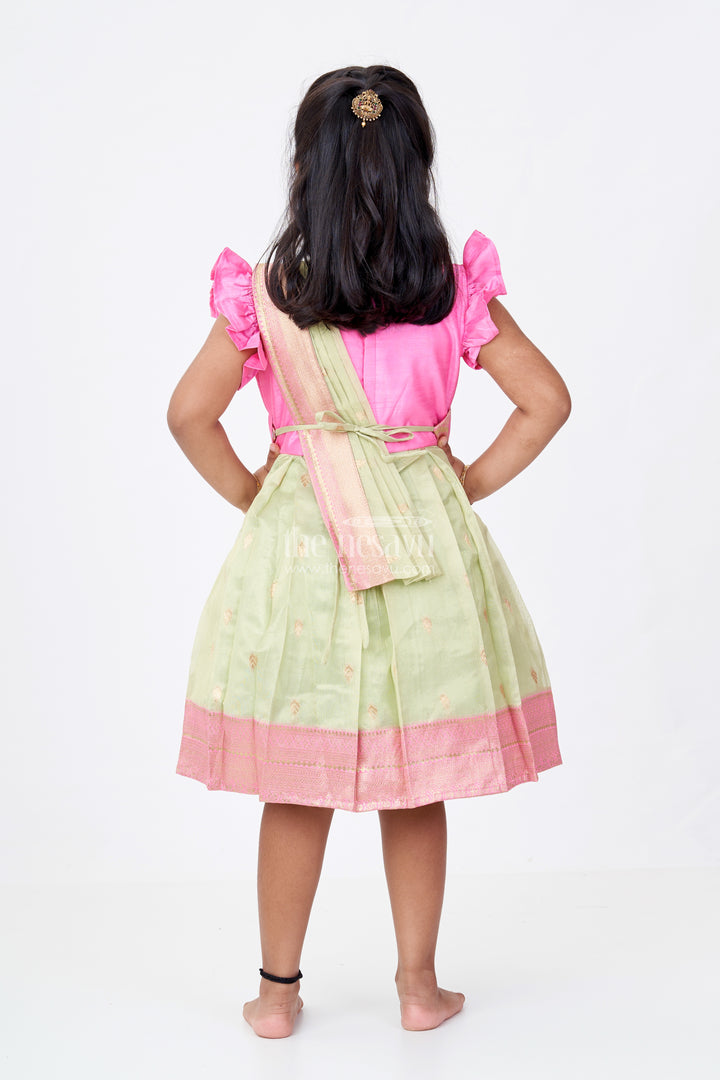 Girls Pink Silk Frock with Zari Border and Delicate Embroidery