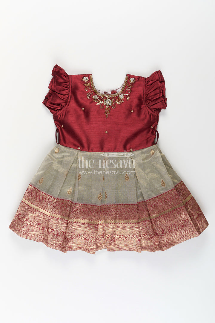 Girls Infant Baptism Dress in Maroon and Gold with Pleated Silk Skirt and Puff Sleeves for Graceful Looks