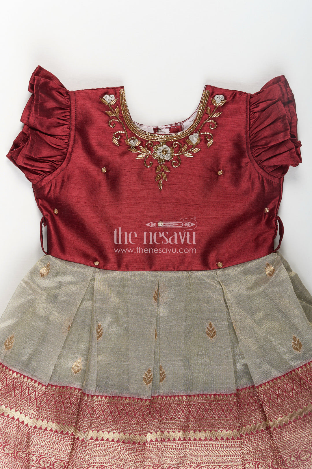 Girls Infant Baptism Dress in Maroon and Gold with Pleated Silk Skirt and Puff Sleeves for Graceful Looks