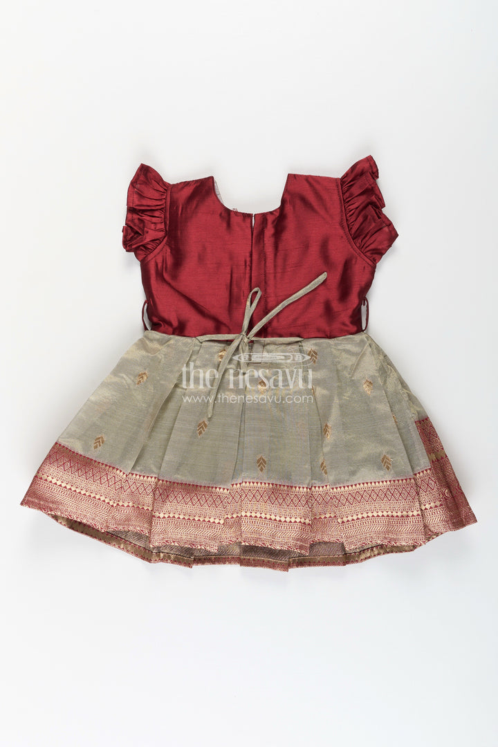 Girls Infant Baptism Dress in Maroon and Gold with Pleated Silk Skirt and Puff Sleeves for Graceful Looks