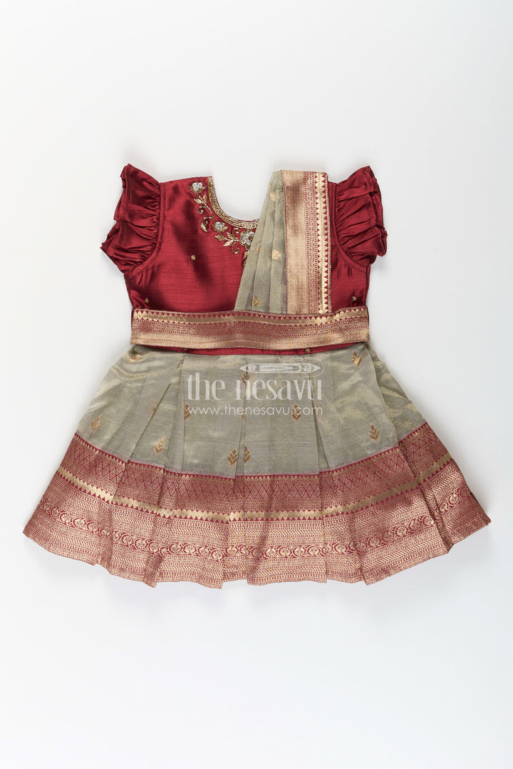 Girls Infant Baptism Dress in Maroon and Gold with Pleated Silk Skirt and Puff Sleeves for Graceful Looks