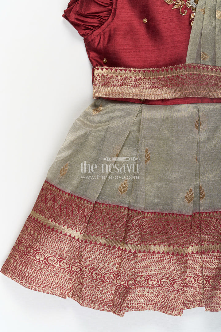 Girls Infant Baptism Dress in Maroon and Gold with Pleated Silk Skirt and Puff Sleeves for Graceful Looks