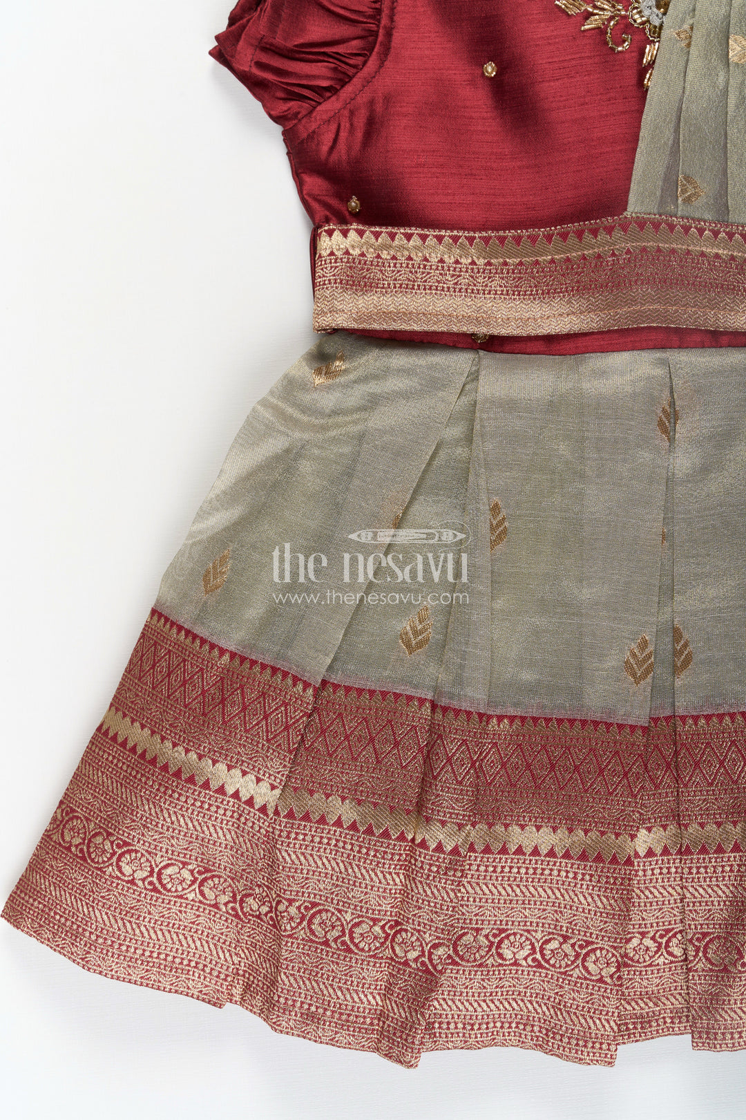 Girls Infant Baptism Dress in Maroon and Gold with Pleated Silk Skirt and Puff Sleeves for Graceful Looks