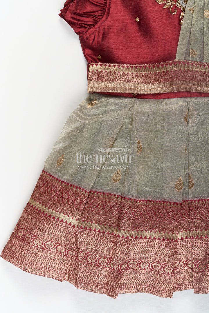 Girls Infant Baptism Dress in Maroon and Gold with Pleated Silk Skirt and Puff Sleeves for Graceful Looks