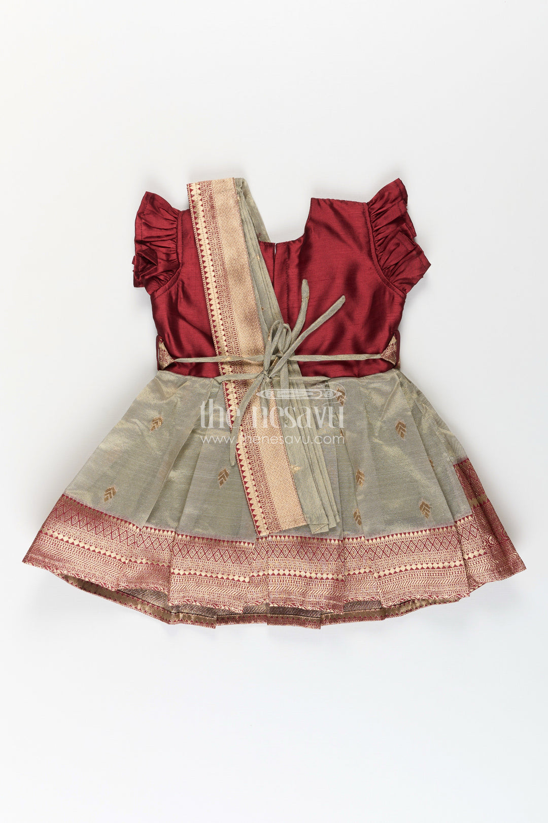 Girls Infant Baptism Dress in Maroon and Gold with Pleated Silk Skirt and Puff Sleeves for Graceful Looks
