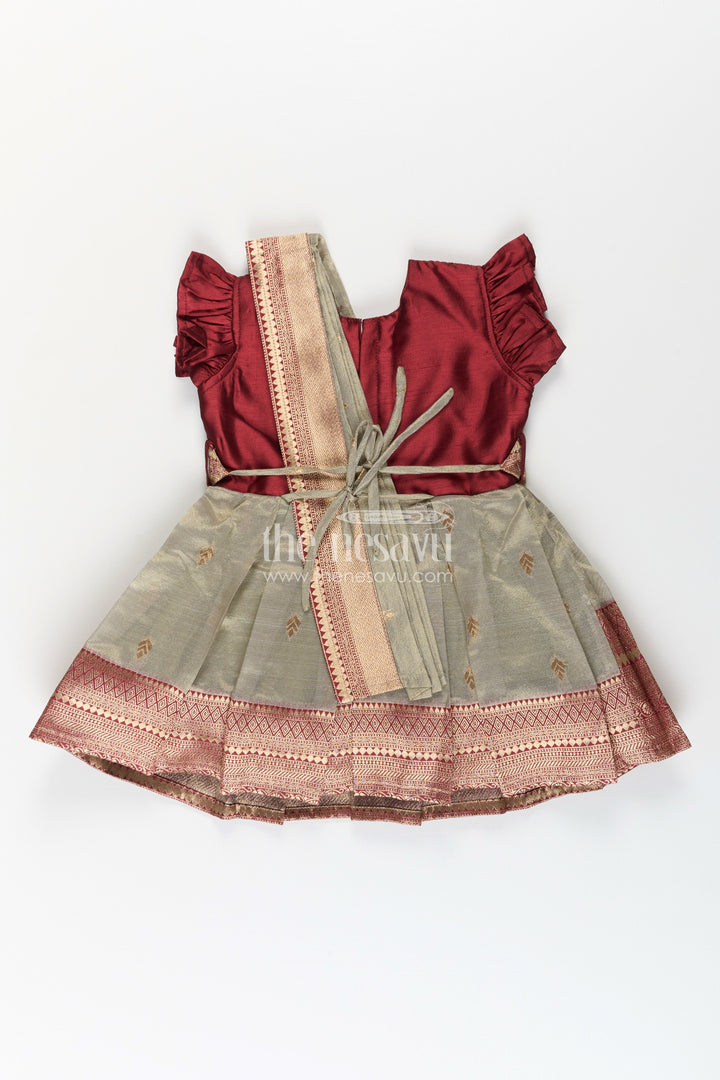 Girls Infant Baptism Dress in Maroon and Gold with Pleated Silk Skirt and Puff Sleeves for Graceful Looks