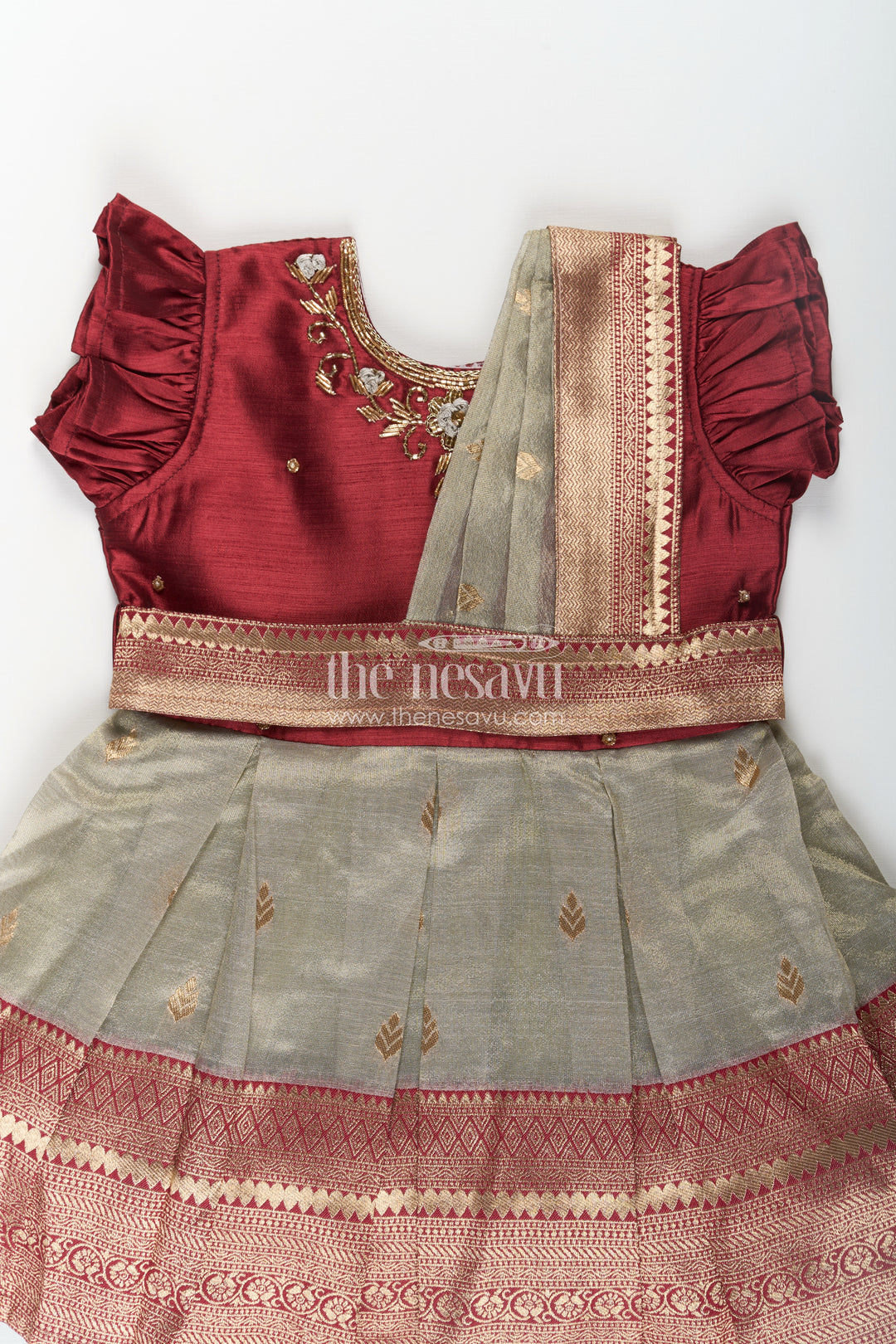 Girls Infant Baptism Dress in Maroon and Gold with Pleated Silk Skirt and Puff Sleeves for Graceful Looks