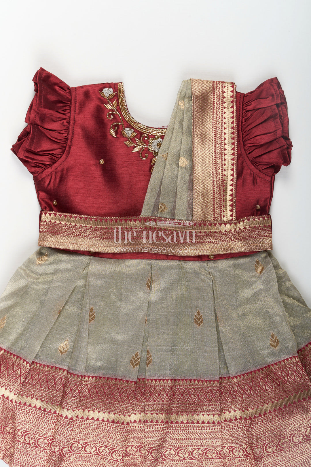 Girls Infant Baptism Dress in Maroon and Gold with Pleated Silk Skirt and Puff Sleeves for Graceful Looks