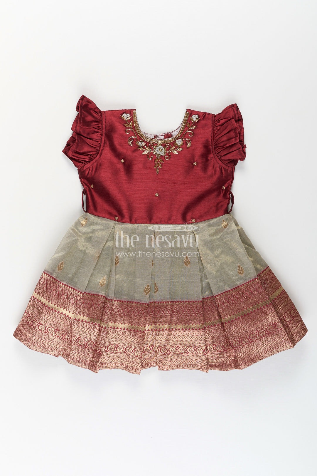 Girls Infant Baptism Dress in Maroon and Gold with Pleated Silk Skirt and Puff Sleeves for Graceful Looks