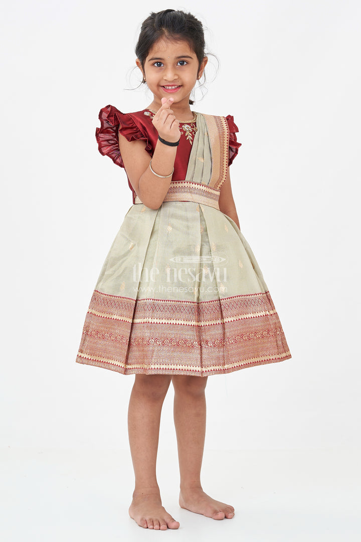 Girls Infant Baptism Dress in Maroon and Gold with Pleated Silk Skirt and Puff Sleeves for Graceful Looks
