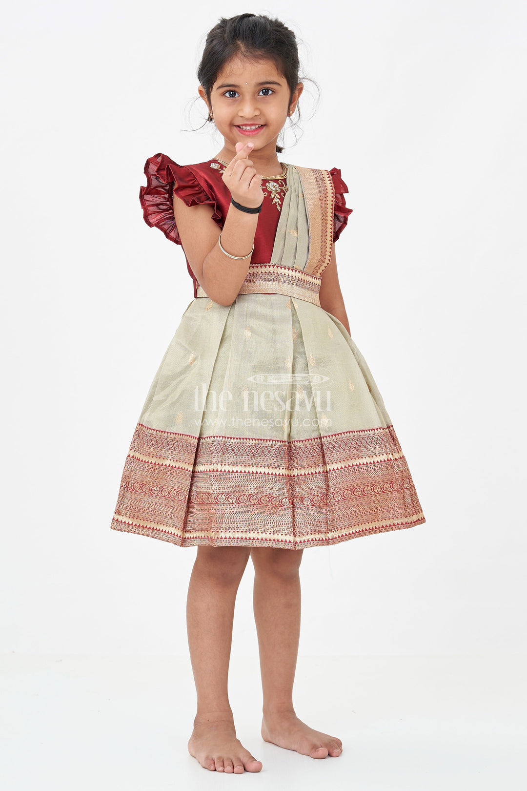 Girls Infant Baptism Dress in Maroon and Gold with Pleated Silk Skirt and Puff Sleeves for Graceful Looks