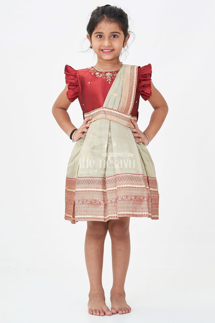Girls Infant Baptism Dress in Maroon and Gold with Pleated Silk Skirt and Puff Sleeves for Graceful Looks