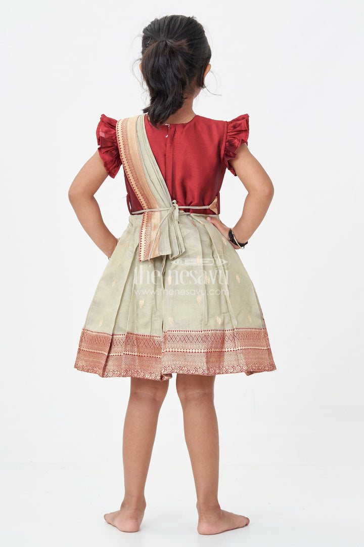 Girls Infant Baptism Dress in Maroon and Gold with Pleated Silk Skirt and Puff Sleeves for Graceful Looks