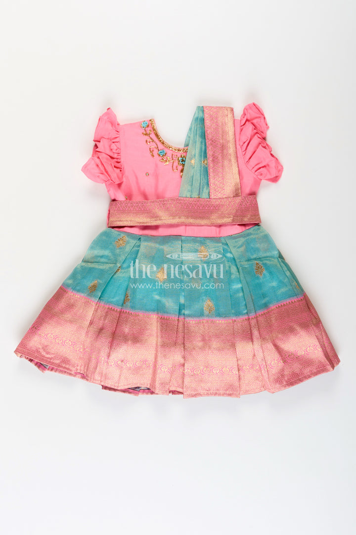 Girls Baptism Dresses in Pink and Teal with Gold Zari Pleats and Designer Neck Embroidery