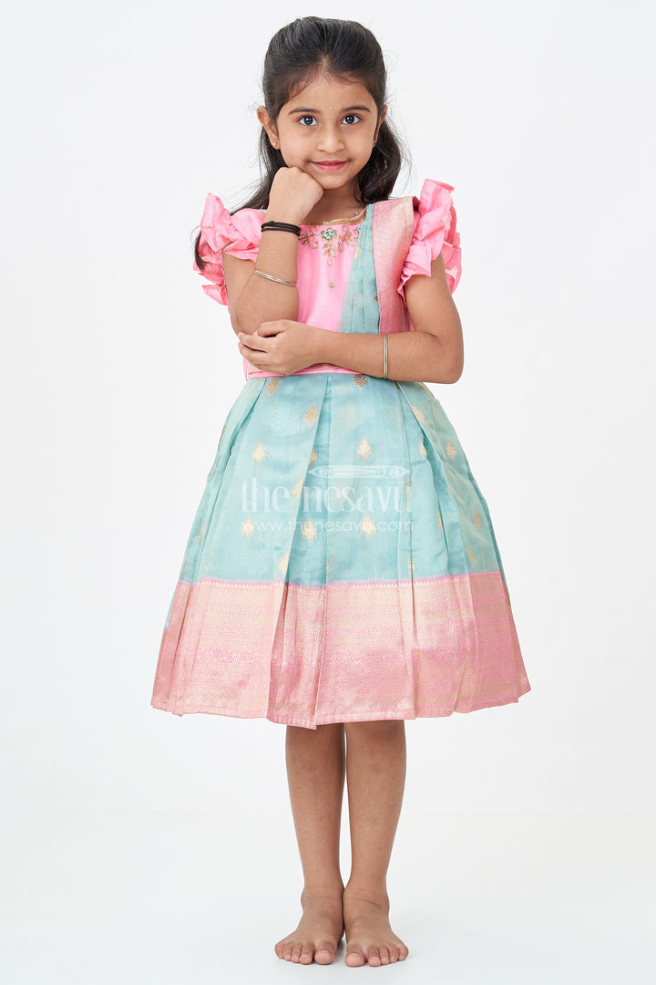 Girls Baptism Dresses in Pink and Teal with Gold Zari Pleats and Designer Neck Embroidery