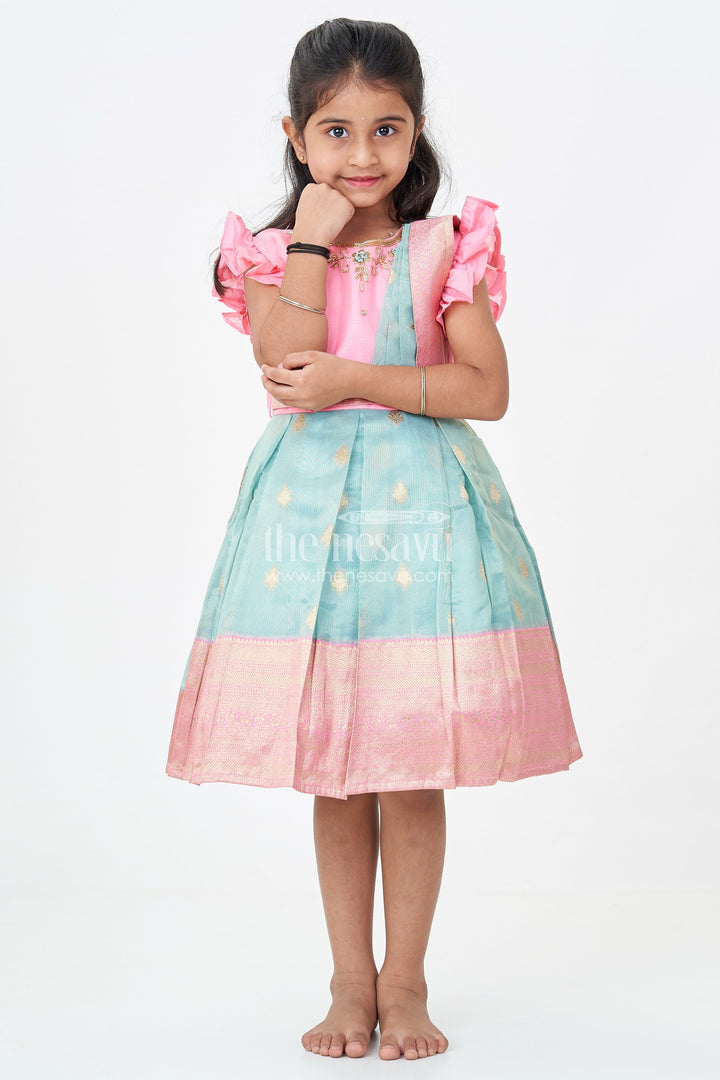 Girls Baptism Dresses in Pink and Teal with Gold Zari Pleats and Designer Neck Embroidery