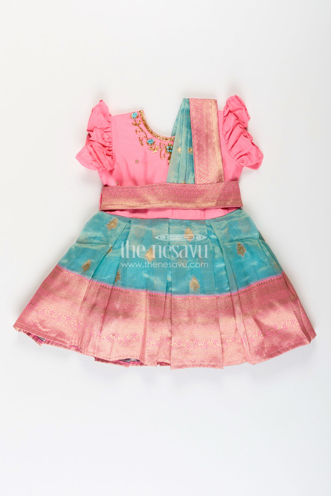 Girls Baptism Dresses in Pink and Teal with Gold Zari Pleats and Designer Neck Embroidery