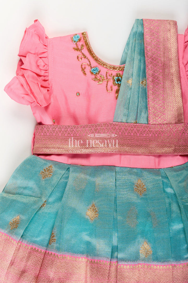 Girls Baptism Dresses in Pink and Teal with Gold Zari Pleats and Designer Neck Embroidery
