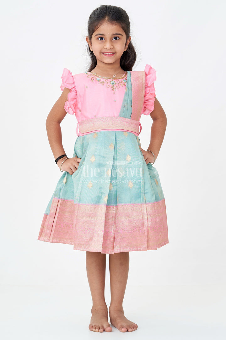 Girls Baptism Dresses in Pink and Teal with Gold Zari Pleats and Designer Neck Embroidery