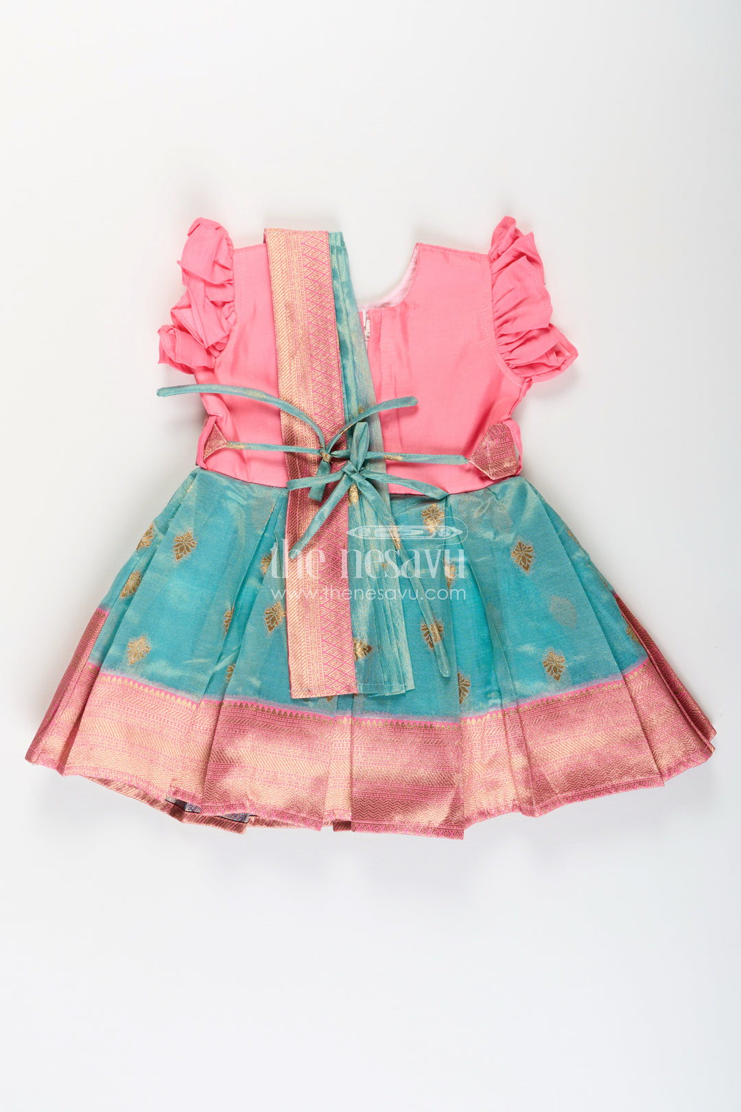 Girls Baptism Dresses in Pink and Teal with Gold Zari Pleats and Designer Neck Embroidery
