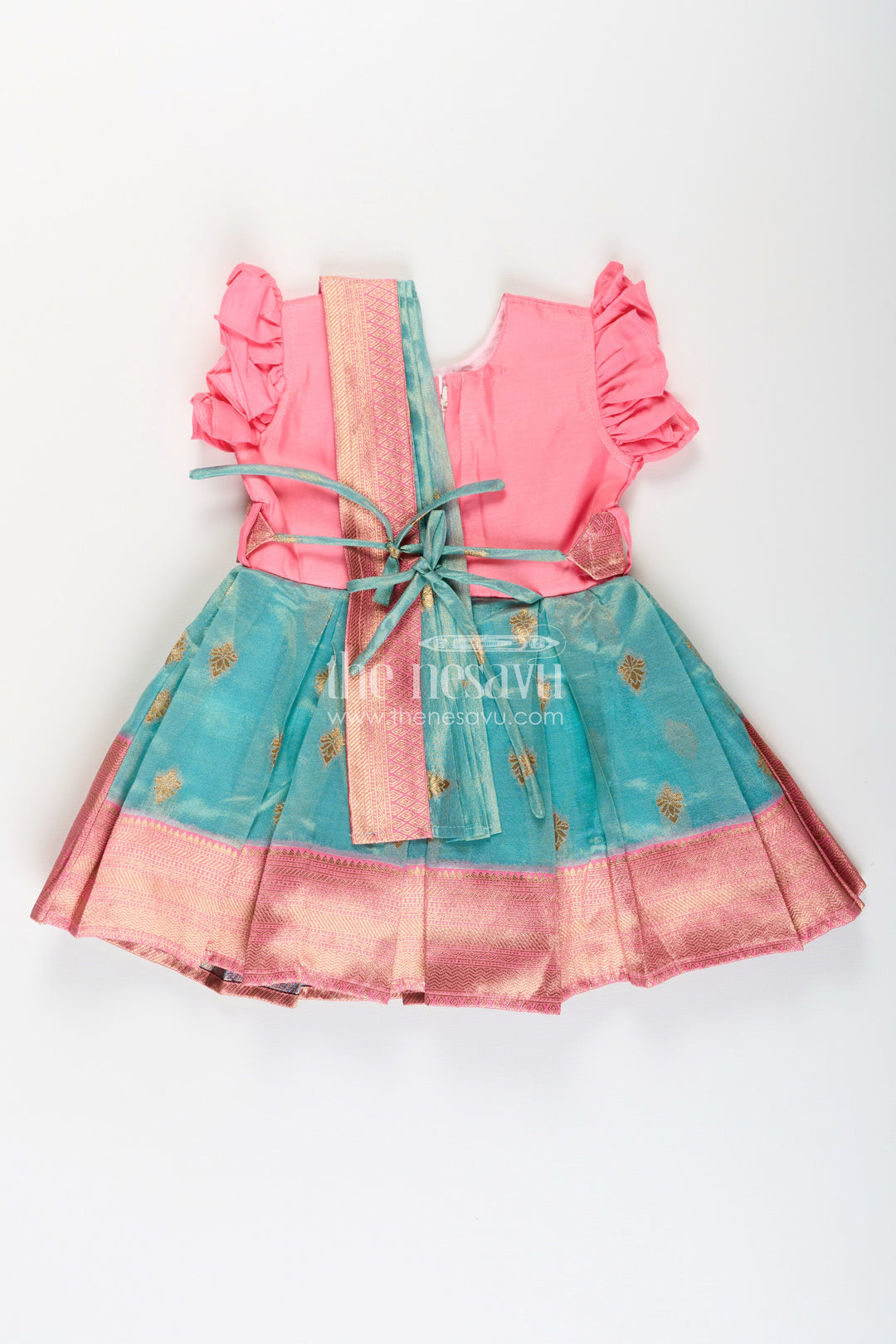 Girls Baptism Dresses in Pink and Teal with Gold Zari Pleats and Designer Neck Embroidery