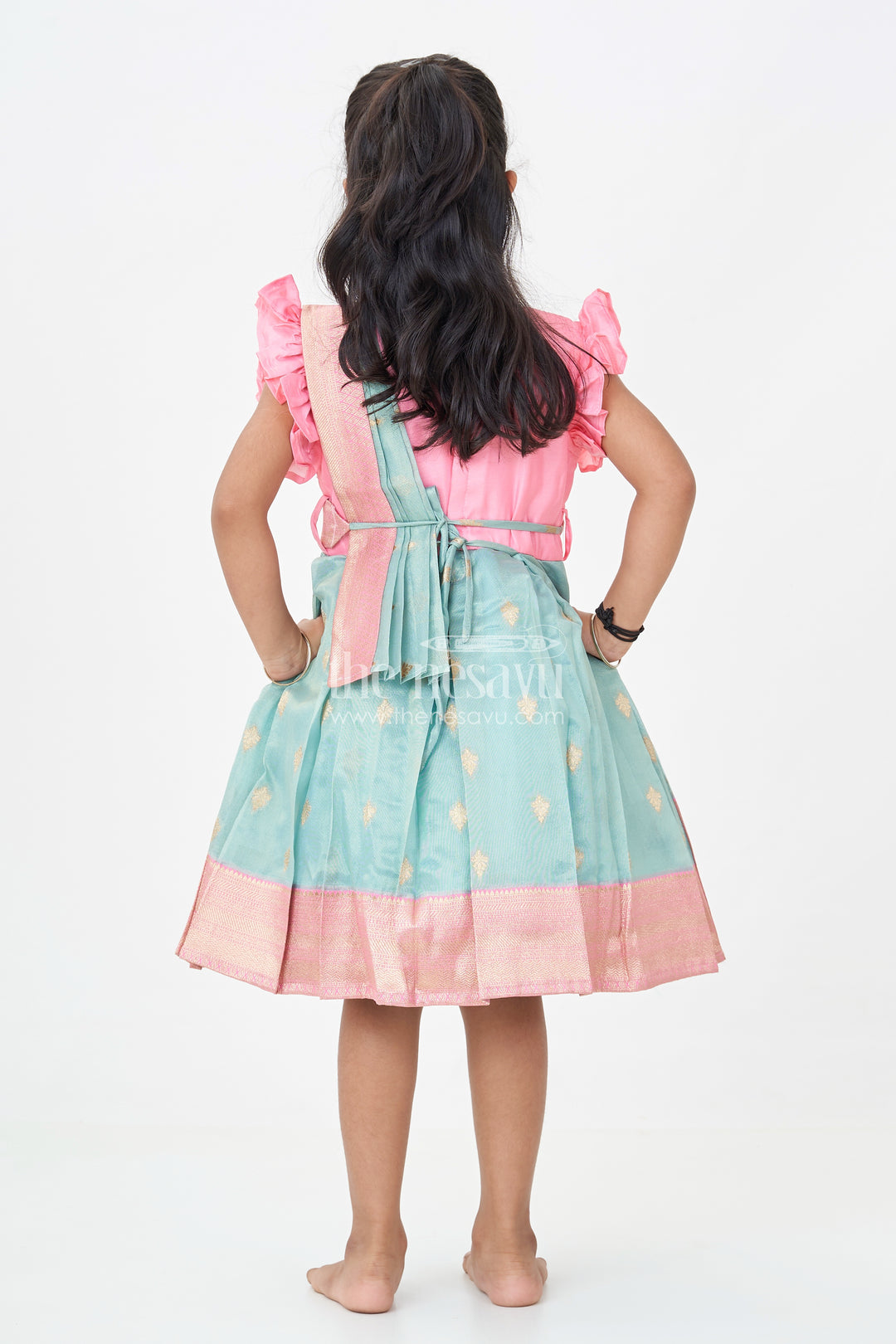 Girls Baptism Dresses in Pink and Teal with Gold Zari Pleats and Designer Neck Embroidery
