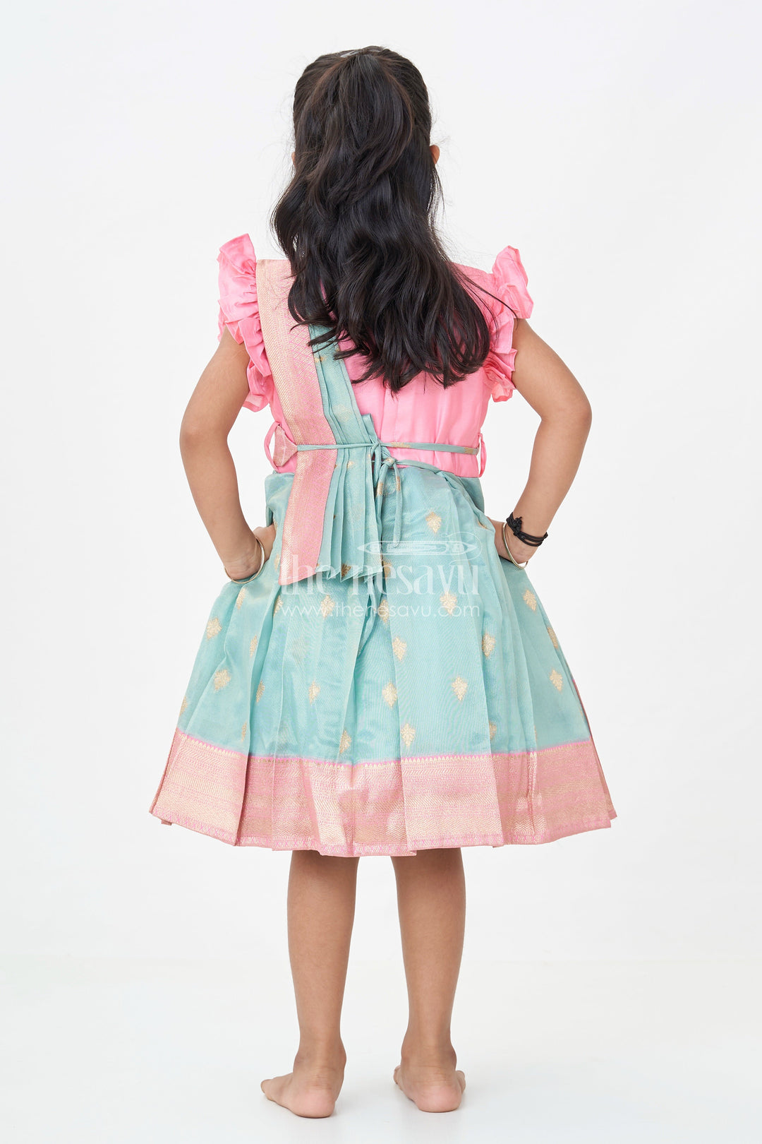 Girls Baptism Dresses in Pink and Teal with Gold Zari Pleats and Designer Neck Embroidery