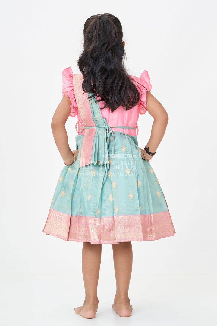 Girls Baptism Dresses in Pink and Teal with Gold Zari Pleats and Designer Neck Embroidery