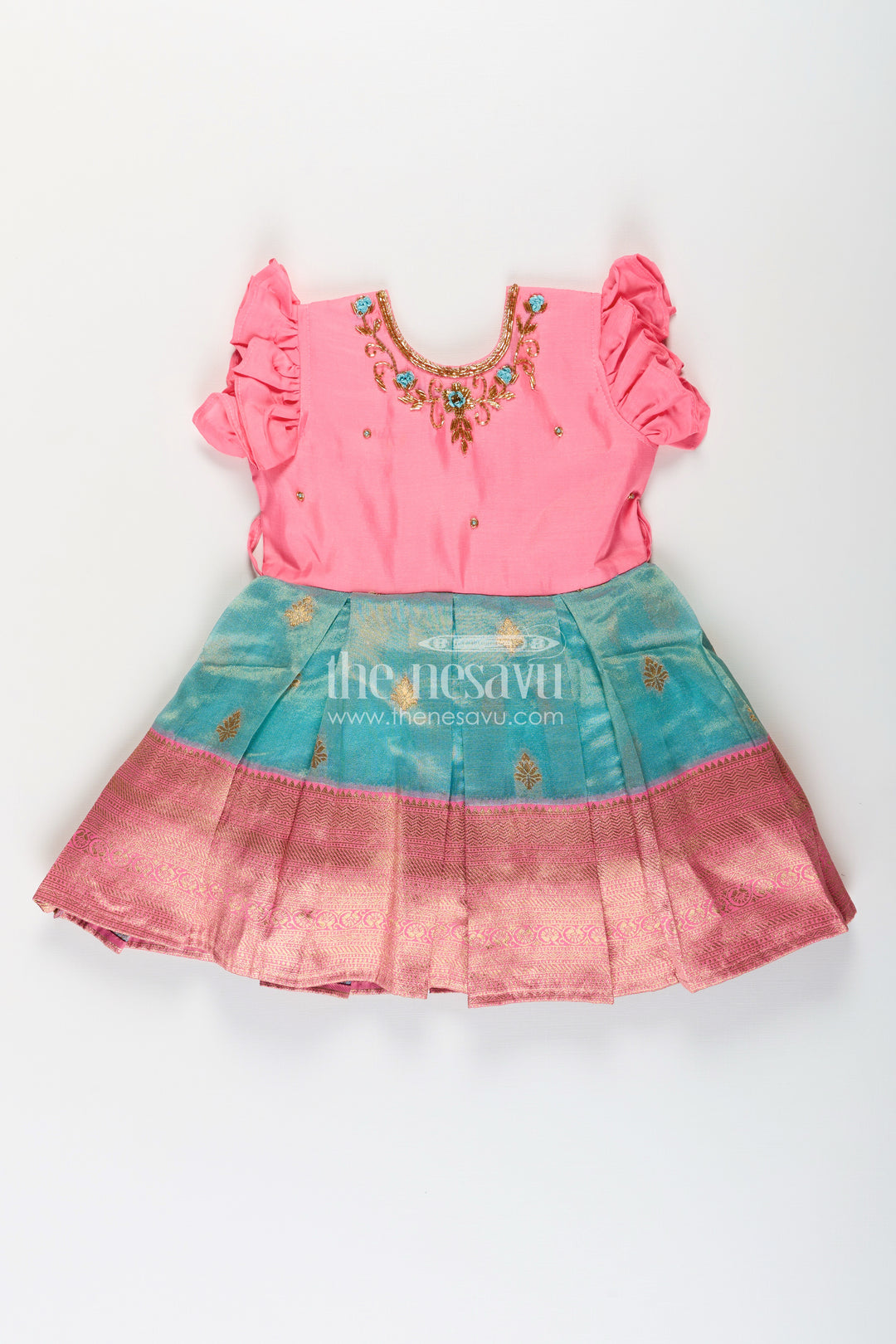 Girls Baptism Dresses in Pink and Teal with Gold Zari Pleats and Designer Neck Embroidery