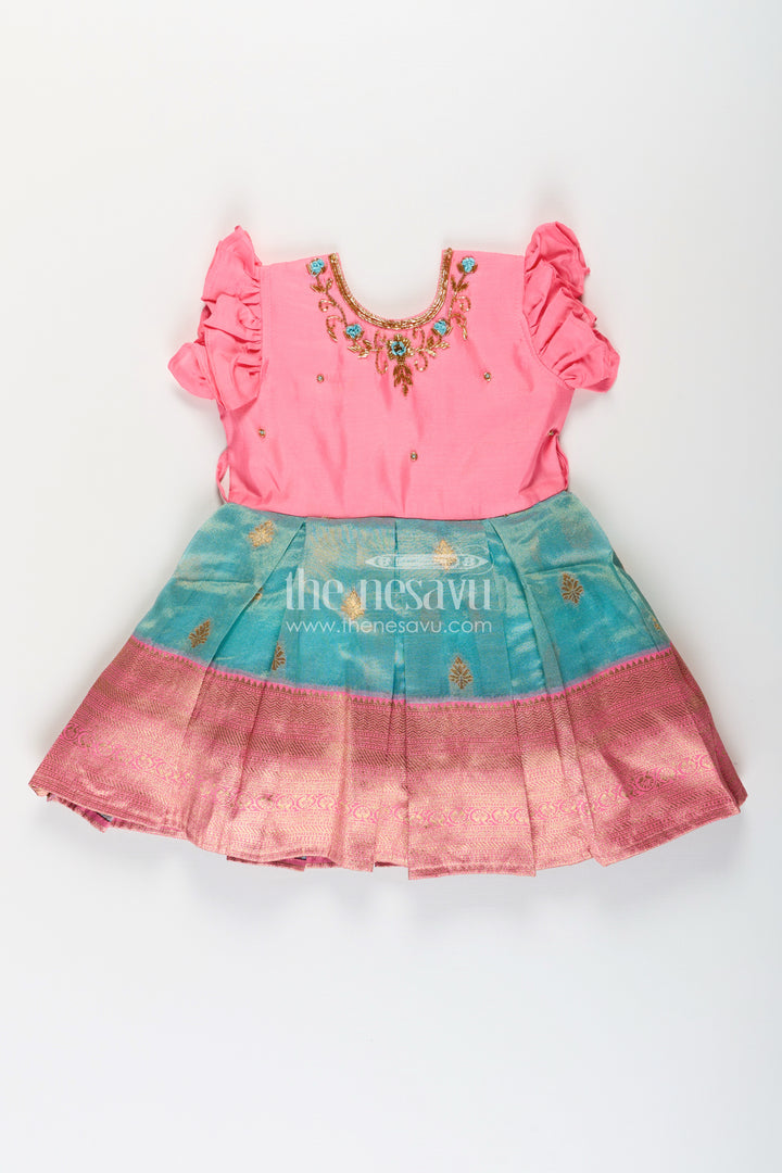 Girls Baptism Dresses in Pink and Teal with Gold Zari Pleats and Designer Neck Embroidery