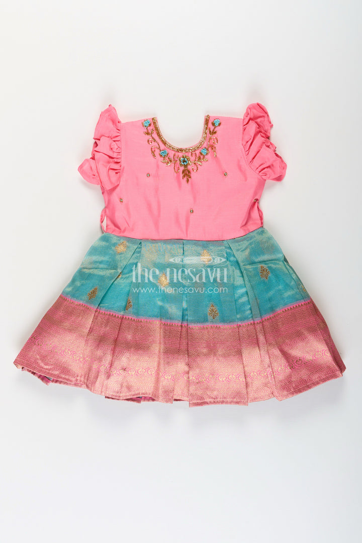 Girls Baptism Dresses in Pink and Teal with Gold Zari Pleats and Designer Neck Embroidery