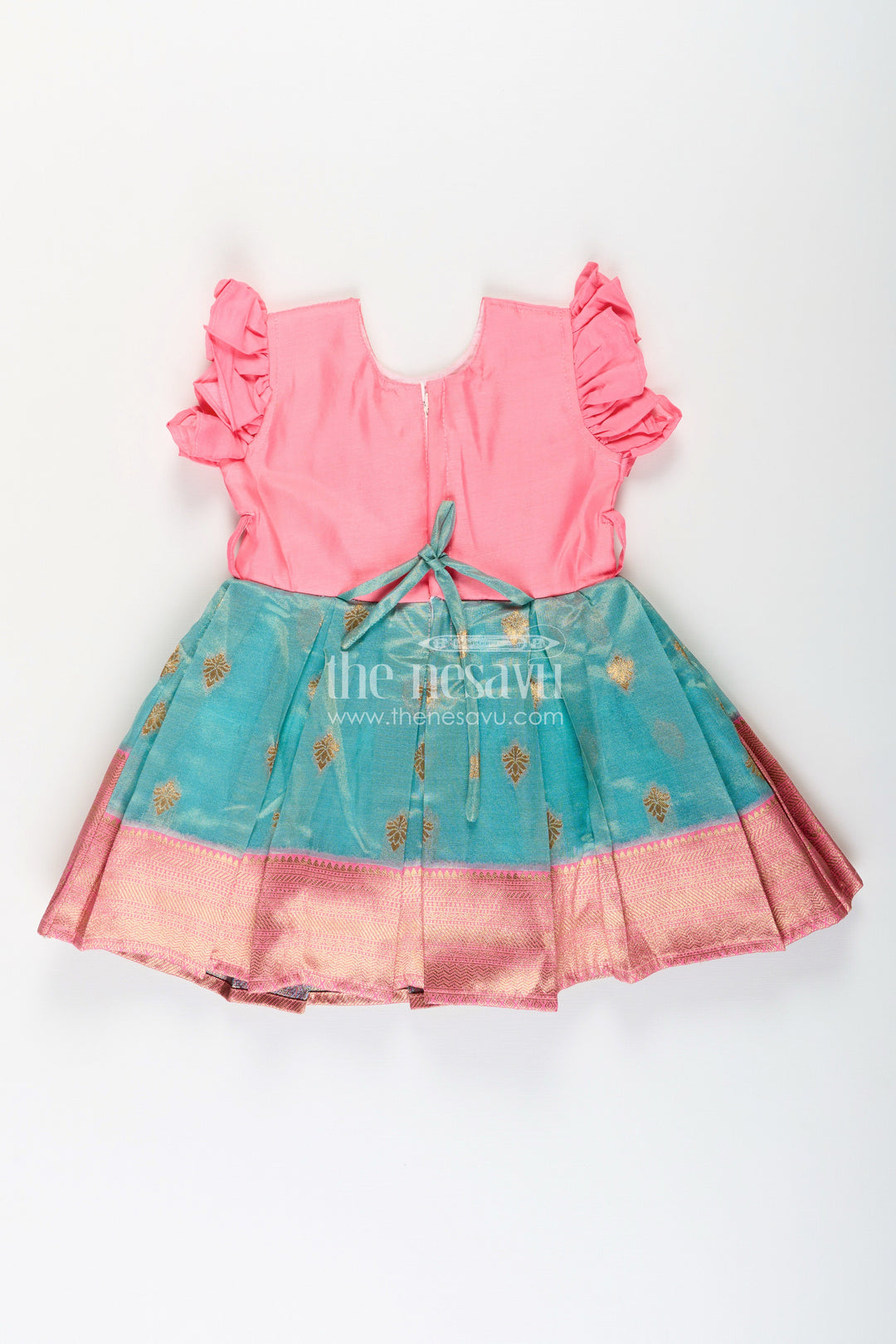 Girls Baptism Dresses in Pink and Teal with Gold Zari Pleats and Designer Neck Embroidery