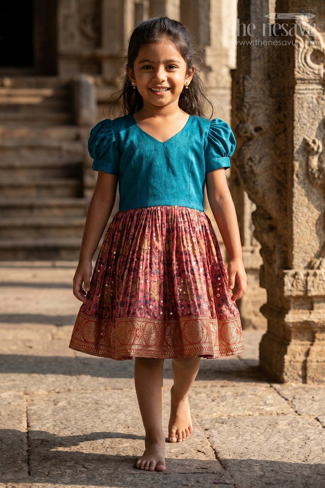 Girls Blue Ethnic Dress Puff Sleeves Chinon Silk Pleated Skirt | The Nesavu The Nesavu Girls Blue Ethnic Dress Puff Sleeves Chinon Silk Pleated Skirt | The Nesavu The Nesavu