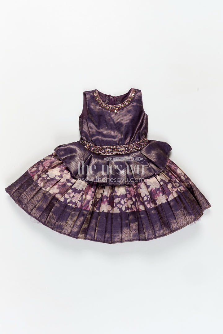 Girls Banaras silk frock with Digital Printed Jacquard and Layered Flared Skirt in Traditional Tones