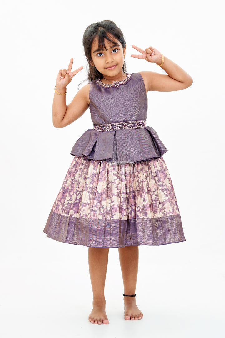 Girls Banaras silk frock with Digital Printed Jacquard and Layered Flared Skirt in Traditional Tones