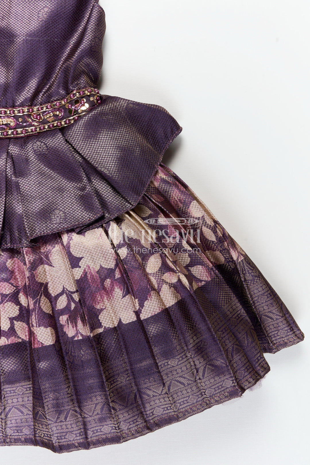 Girls Banaras silk frock with Digital Printed Jacquard and Layered Flared Skirt in Traditional Tones
