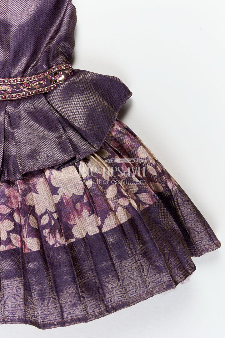 Girls Banaras silk frock with Digital Printed Jacquard and Layered Flared Skirt in Traditional Tones
