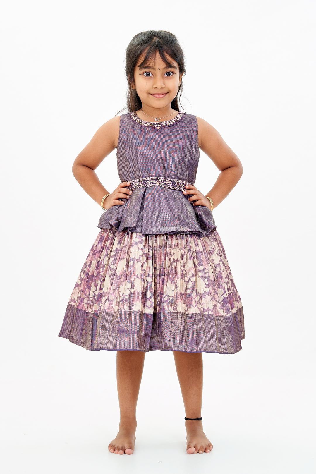 Girls Banaras silk frock with Digital Printed Jacquard and Layered Flared Skirt in Traditional Tones