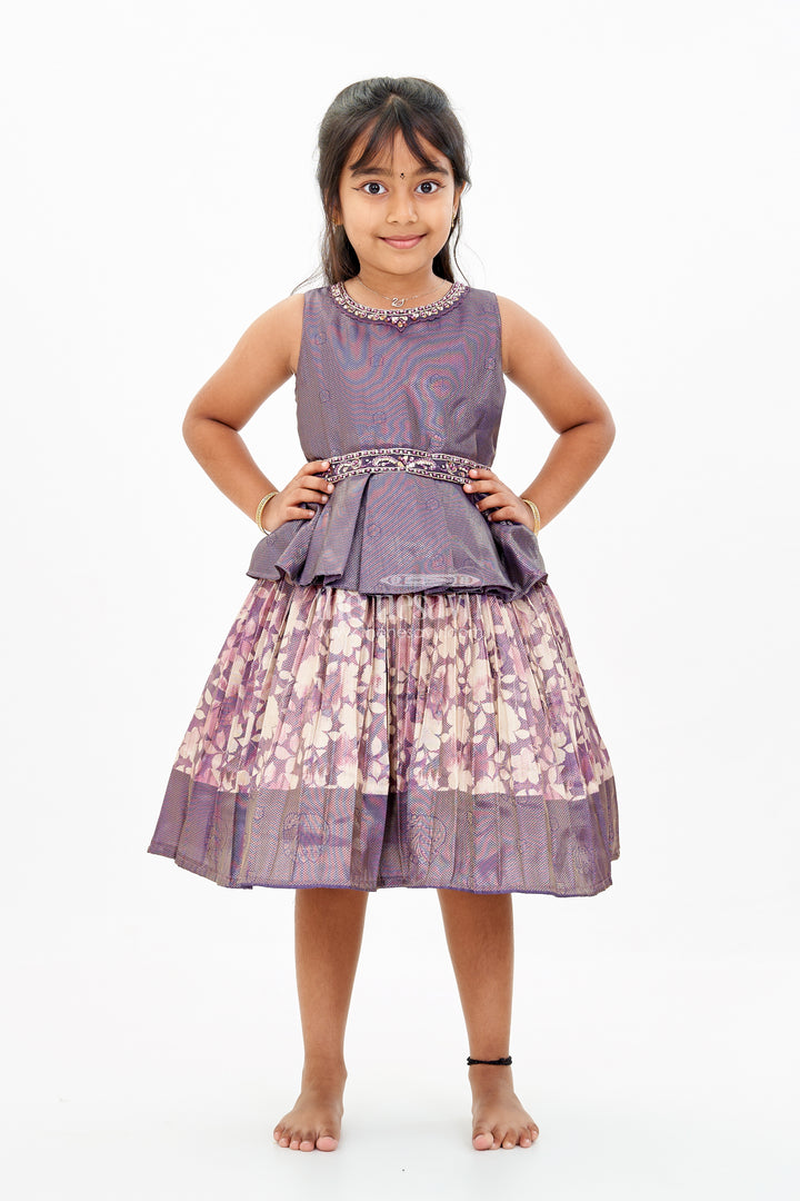 Girls Banaras silk frock with Digital Printed Jacquard and Layered Flared Skirt in Traditional Tones