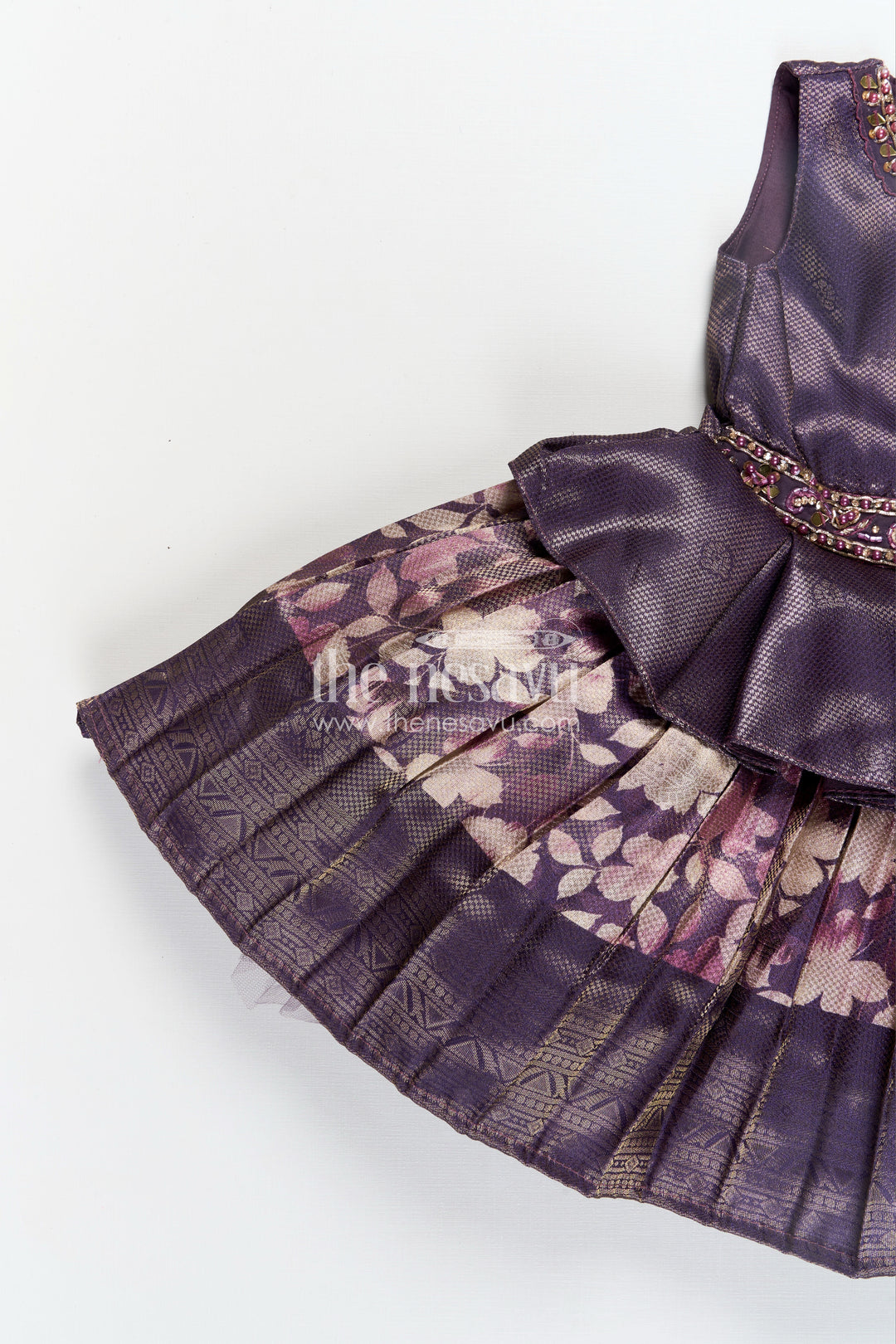 Girls Banaras silk frock with Digital Printed Jacquard and Layered Flared Skirt in Traditional Tones