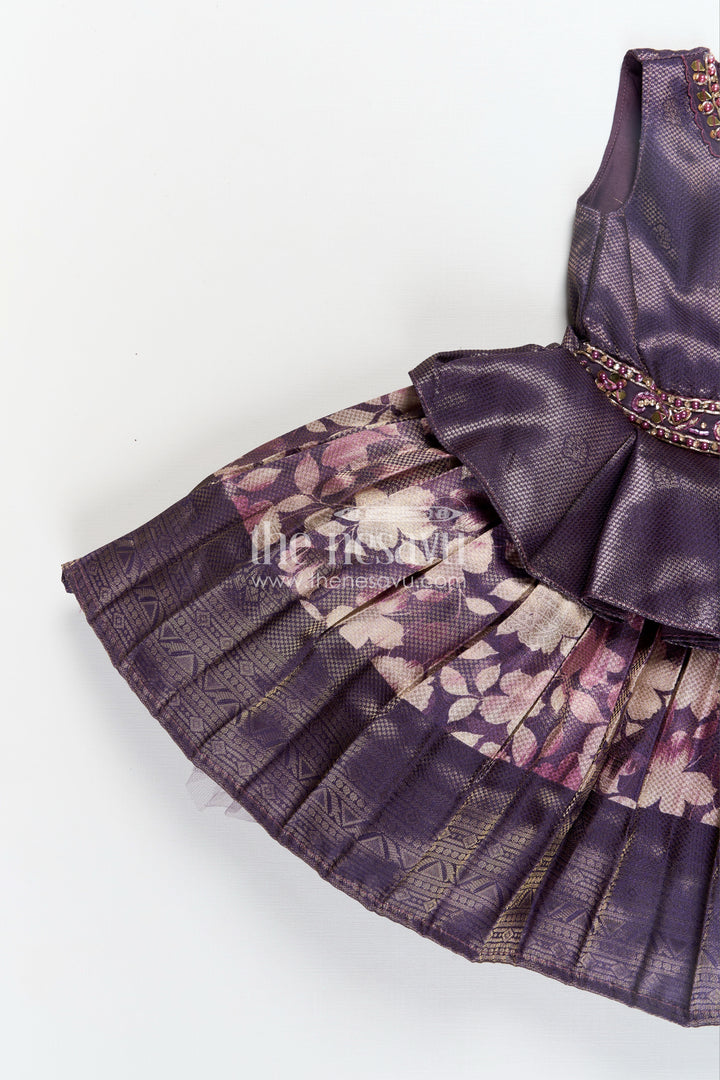 Girls Banaras silk frock with Digital Printed Jacquard and Layered Flared Skirt in Traditional Tones