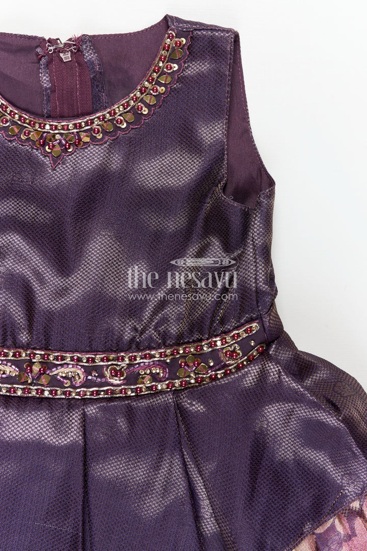 Girls Digital Printed Banarasi Jacquard Silk Frock with Peplum Waist in Simple Silk Frock Design